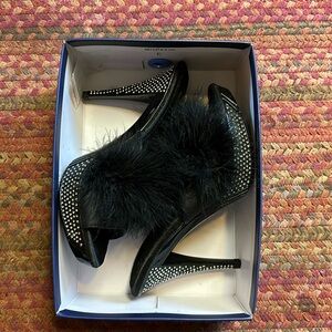 NEW FABULOUS PLEASER USA BLACK RHINESTONE FEATHERED HEELS DANCER CLUB